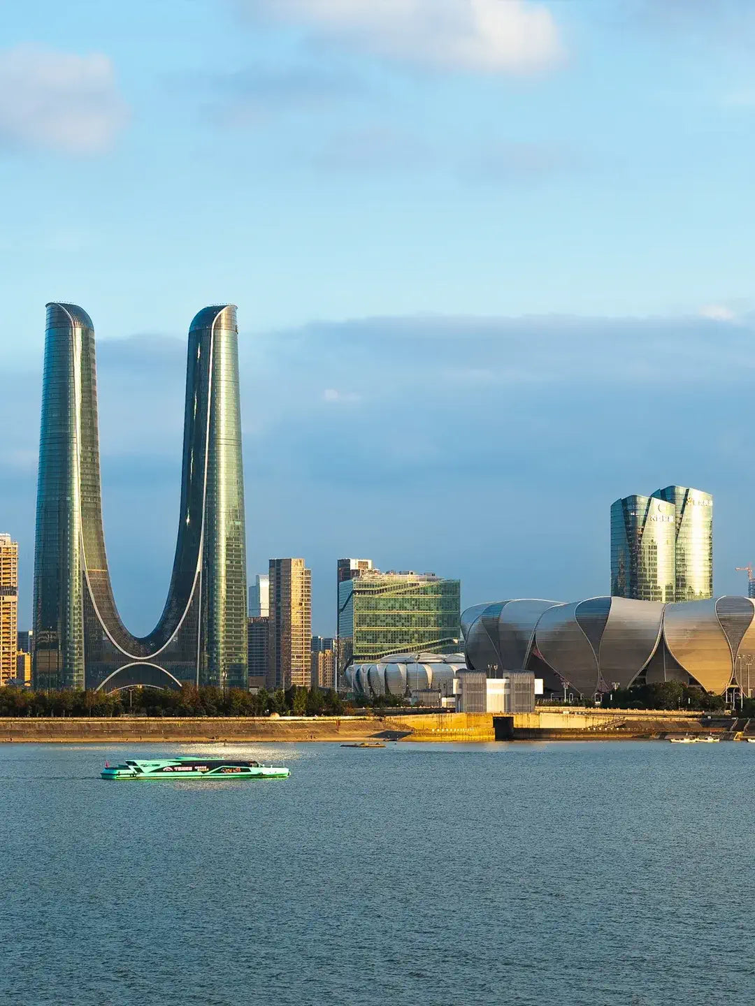 Hangzhou Future Sci-Tech City U-shaped modern architecture, symmetrical design and water reflection