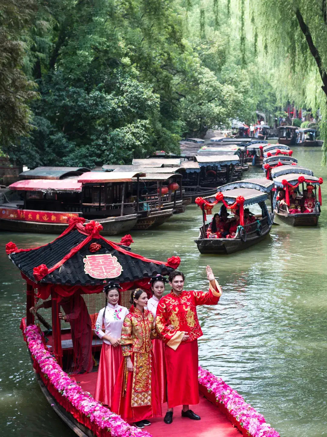 Nanxun ancient town waterway with Ming-Qing houses, white walls and black tiles reflected