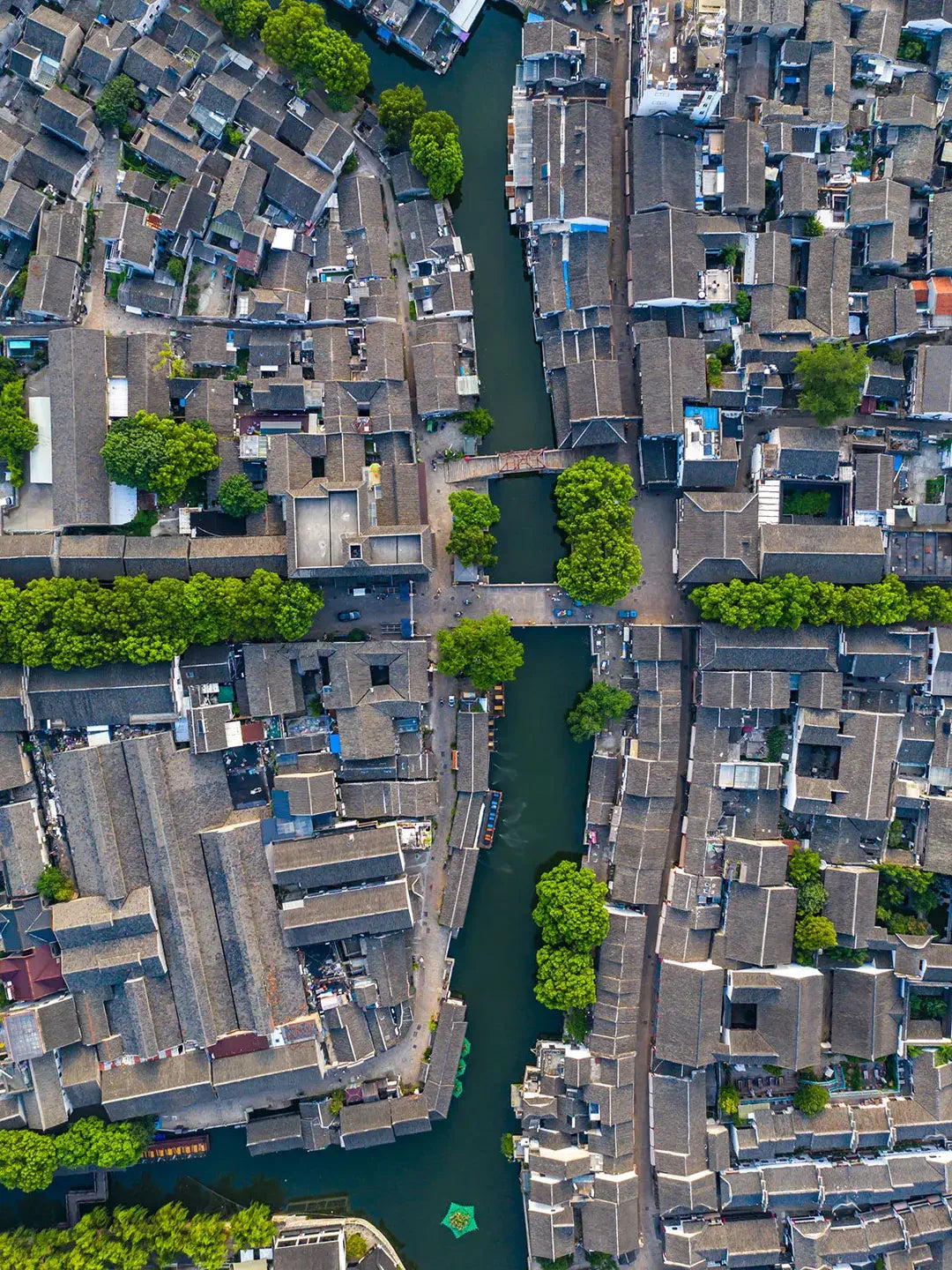 Suzhou Tongli ancient town waterways and houses aerial view