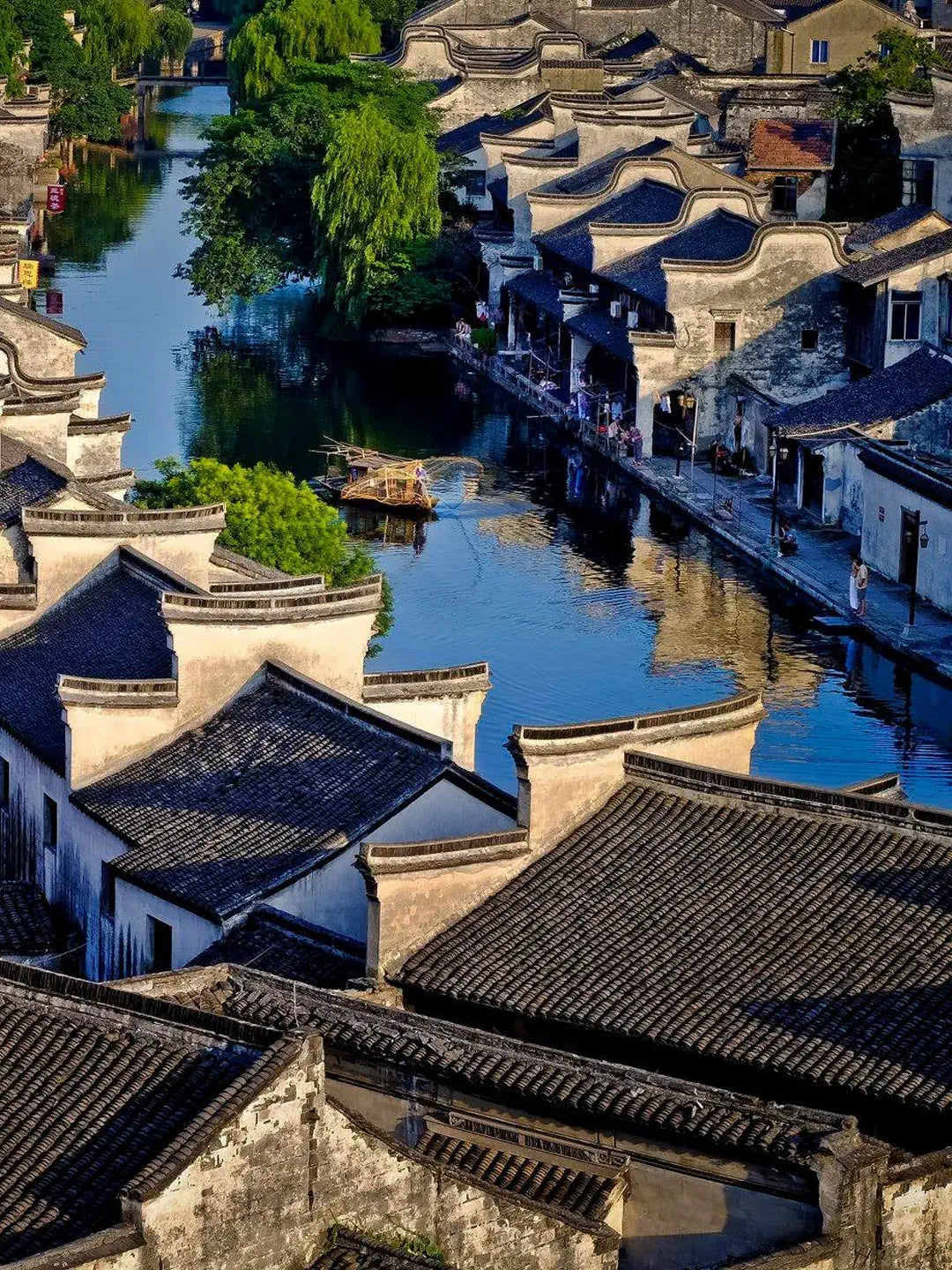 Zhejiang Nanxun ancient town aerial panorama, dense waterways and traditional roof complex