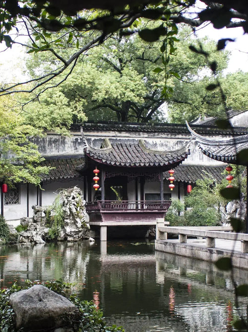Suzhou classical garden lattice window and rockery view
