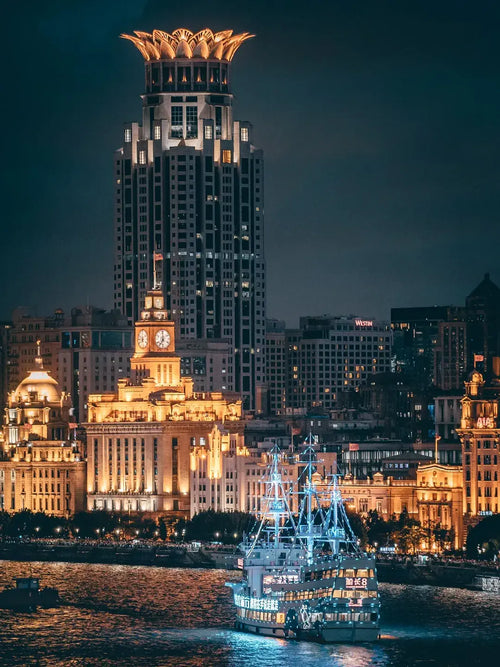 The Bund colonial architecture panorama with classical facades against Lujiazui skyline