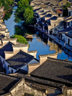 Zhejiang Nanxun ancient town aerial panorama, dense waterways and traditional roof complex